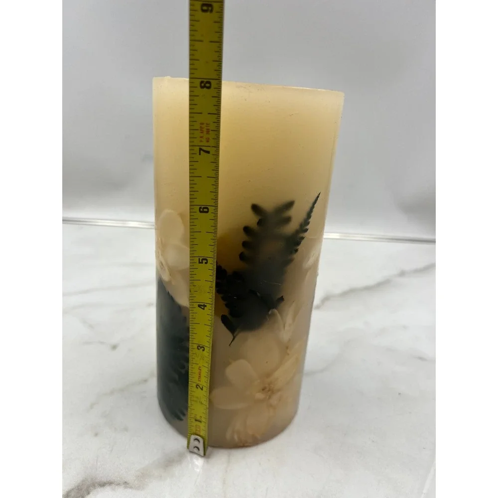 Pottery Barn Botanical Pillar Candle 4x8 Pressed Flower Fern Unscented Cream